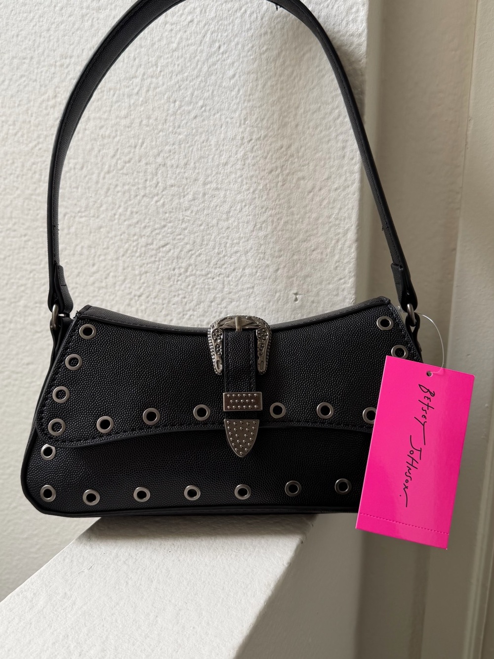 Betsey Johnson Black Grommet-Accent Shoulder Bag